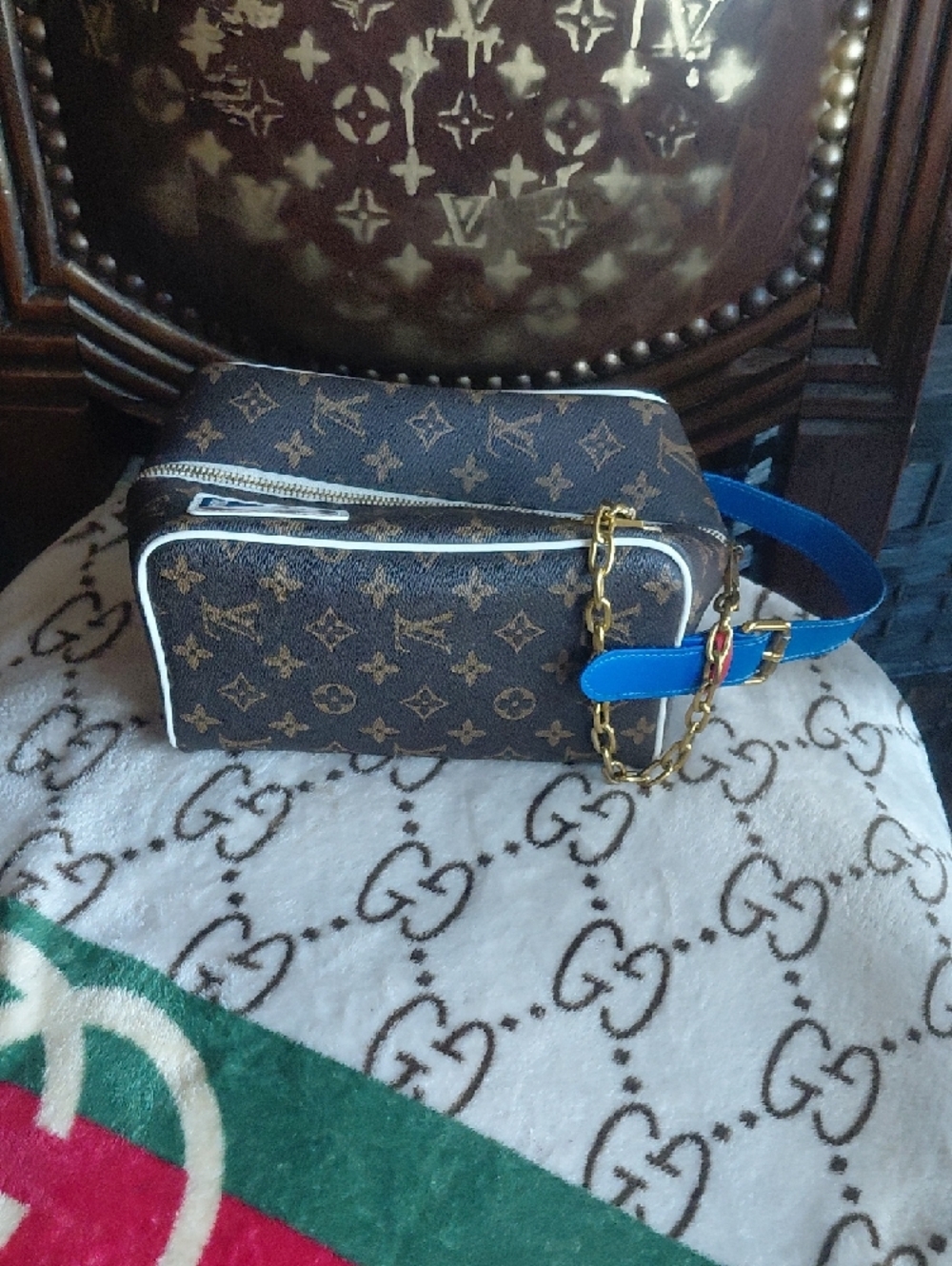 Louis Vuitton Monogram Top Handle Bag in Brown with Blue Handle - Picture 3 of 7